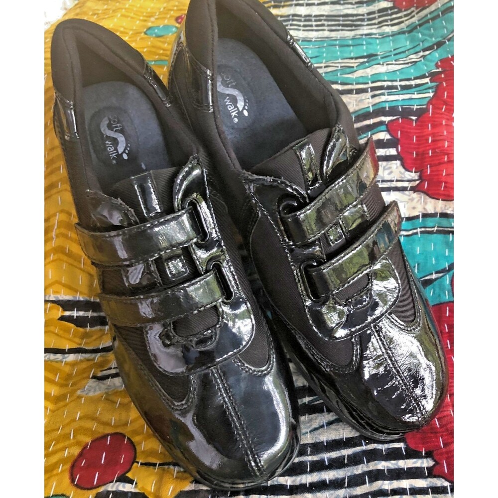 SoftWalk Black Patent Leather Double Strap Mary Jane Flats Sz 6.5N Hook Loop NEW